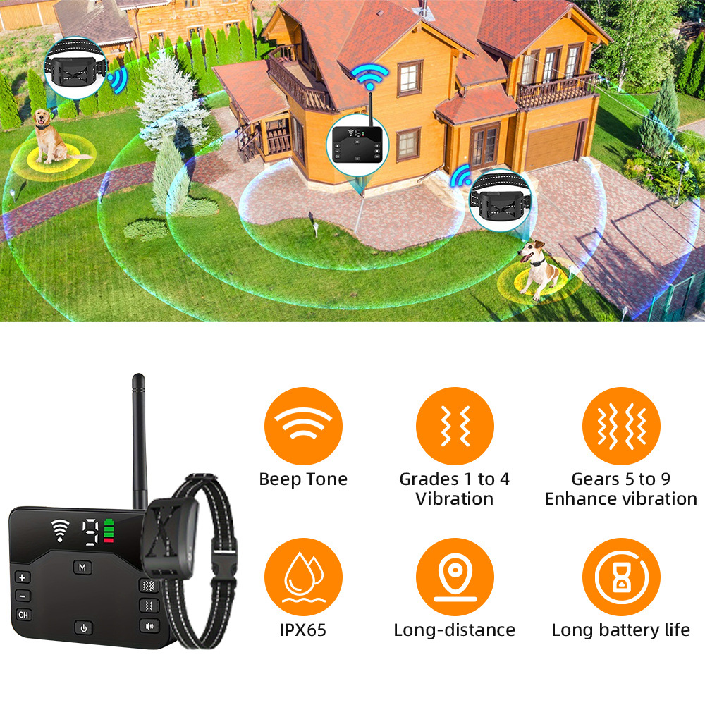 Wireless Dog Fence, Wireless Boundary Containment System, 2-in-1 Electric Dog Fence & Remote Shocks Training Collar, Adjustable Signal Range, IP66 Waterproof Rechargeable Collar, for 1 2 3 Dogs