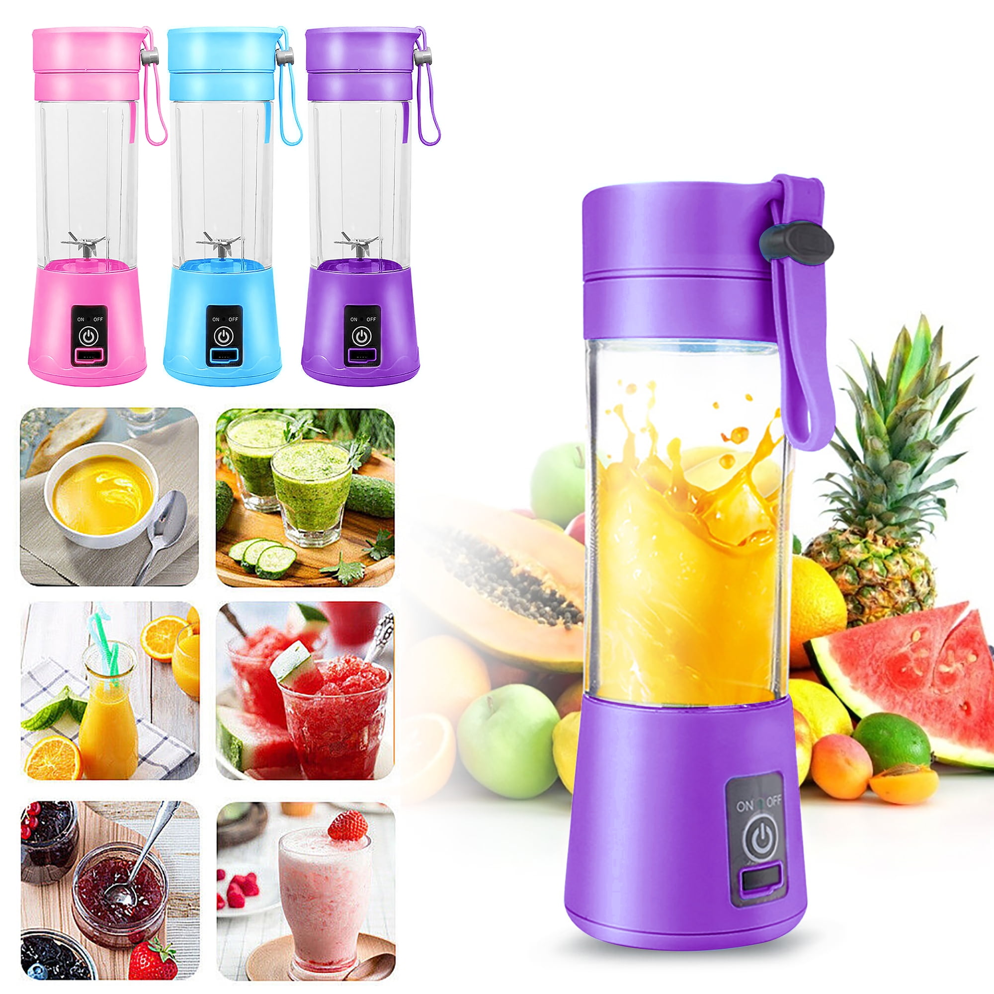 Portable Blender, Personal Mini Juice Blender, USB Rchargeable Juicer Cup with Four Blades, Smoothie Blender Home/Office/Outdoors 380ml Water Bottle