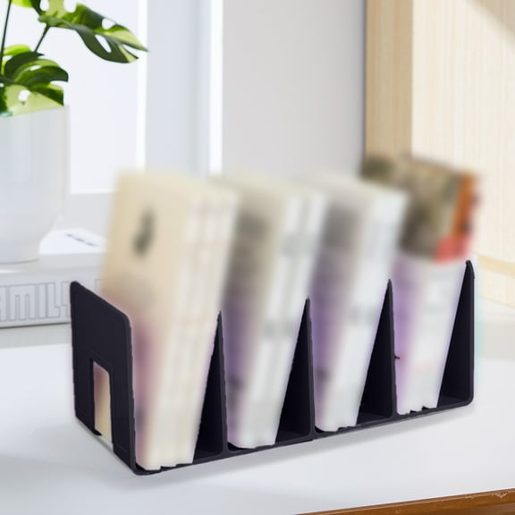 Desk File Organizer Black, Book Holder Stand with 4 Compartments, 1 Count, 12.6 x 5.7 Inch, Vertical Document Sorter for Office, School, Magazine Storage Rack, Desktop Shelf