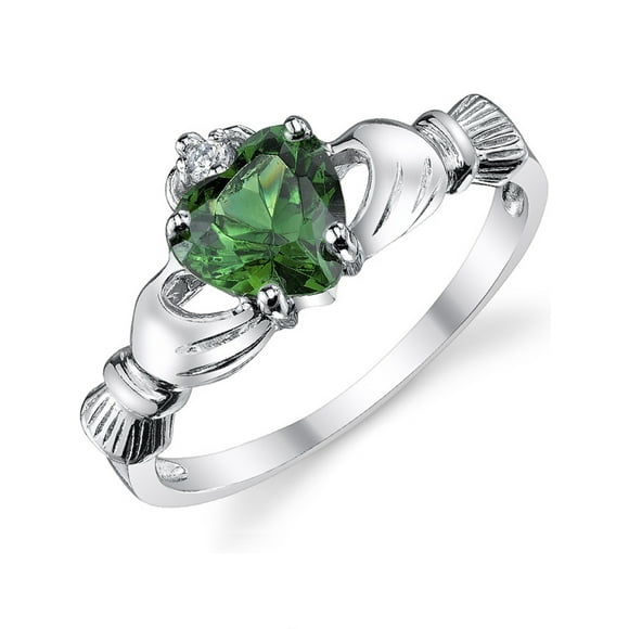 Women's Sterling Silver 925 Irish Claddagh Friendship Love Ring Simulated Emerald Green Heart Cubic Zirconia 6