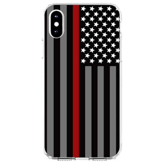 DistinctInk Clear Shockproof Hybrid Case for iPhone XR (6.1" Screen) - TPU Bumper, Acrylic Back, Tempered Glass Screen Protector - Thin Red Line US Flag Fire Rescue - First Responders
