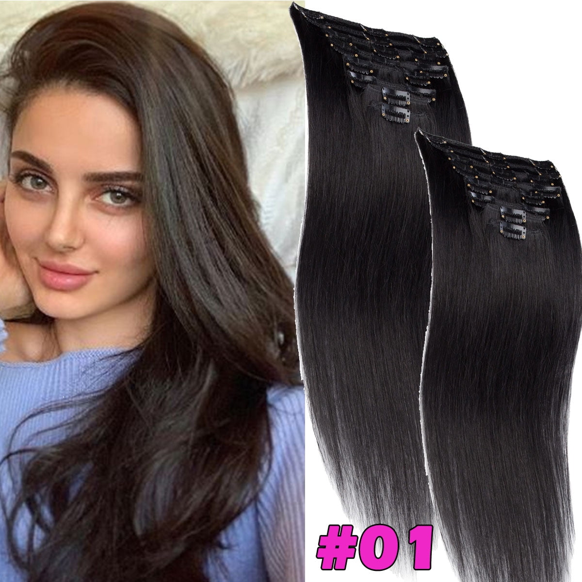 HAIRRO Clip In Human Hair Extensions, Brazilian Hair 8pcs/18Clips Dark Brown to Chestnut Brown Balayage Hair Extensions Full Head Silky Straight 100% Human Hair Clip In Extensions 8Inch-24inch
