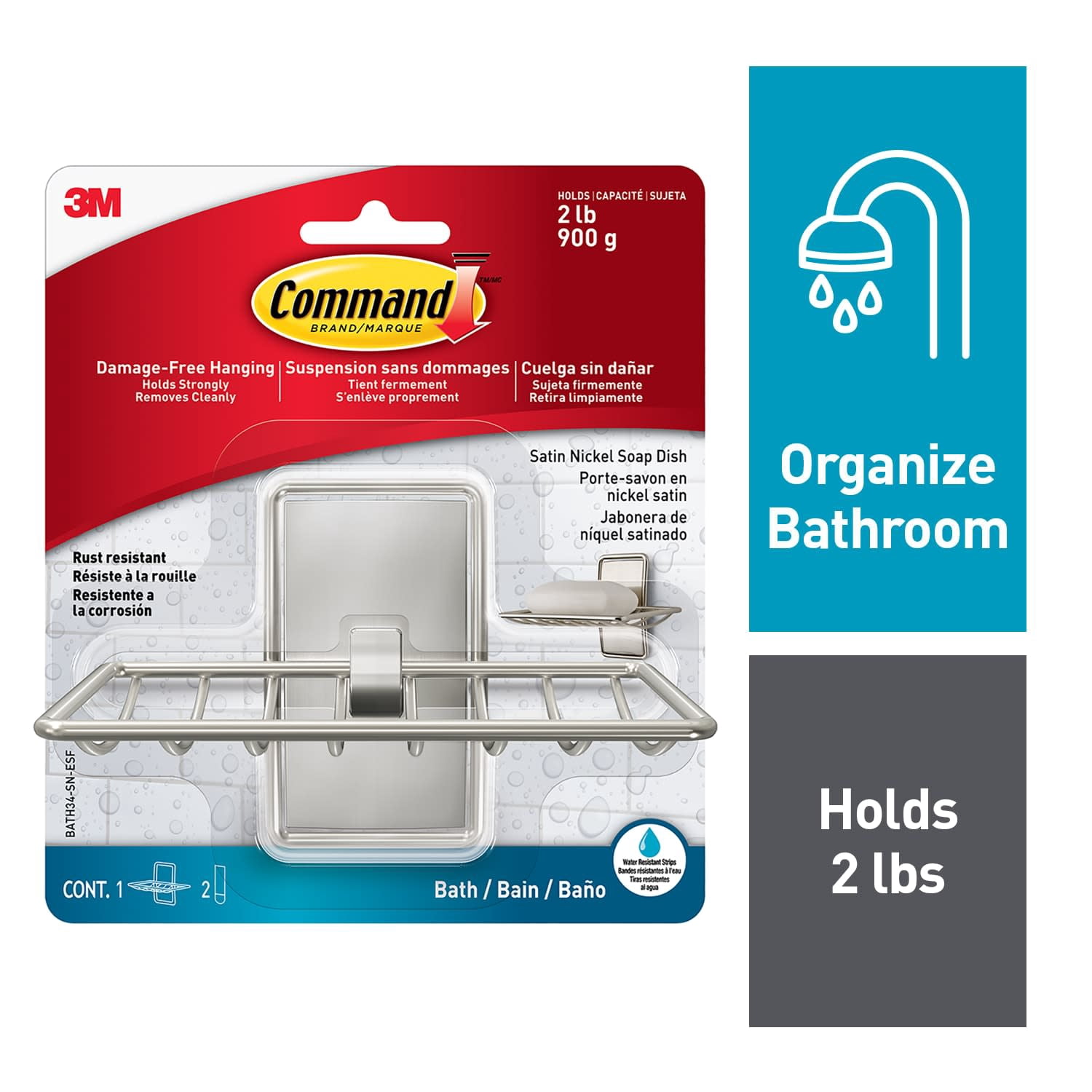 Command soap dish, satin nickel, 1 soap dish, 2 medium water-resistant strips/pack, 3 pack