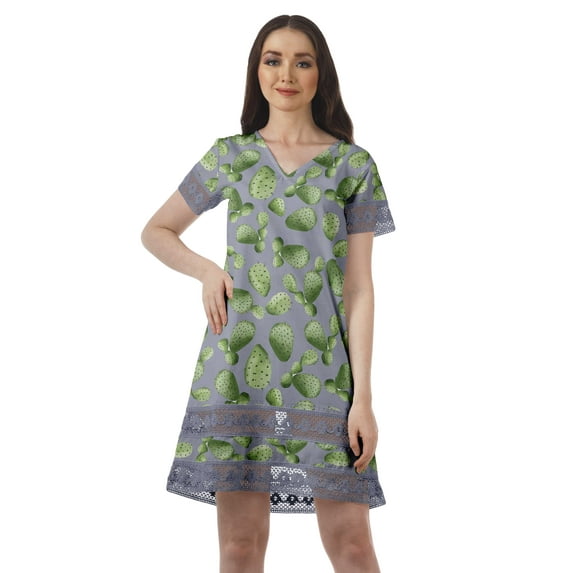 Moomaya Printed Short Sleeve V Neck Casual Clothing Women Summer Mini Dresses