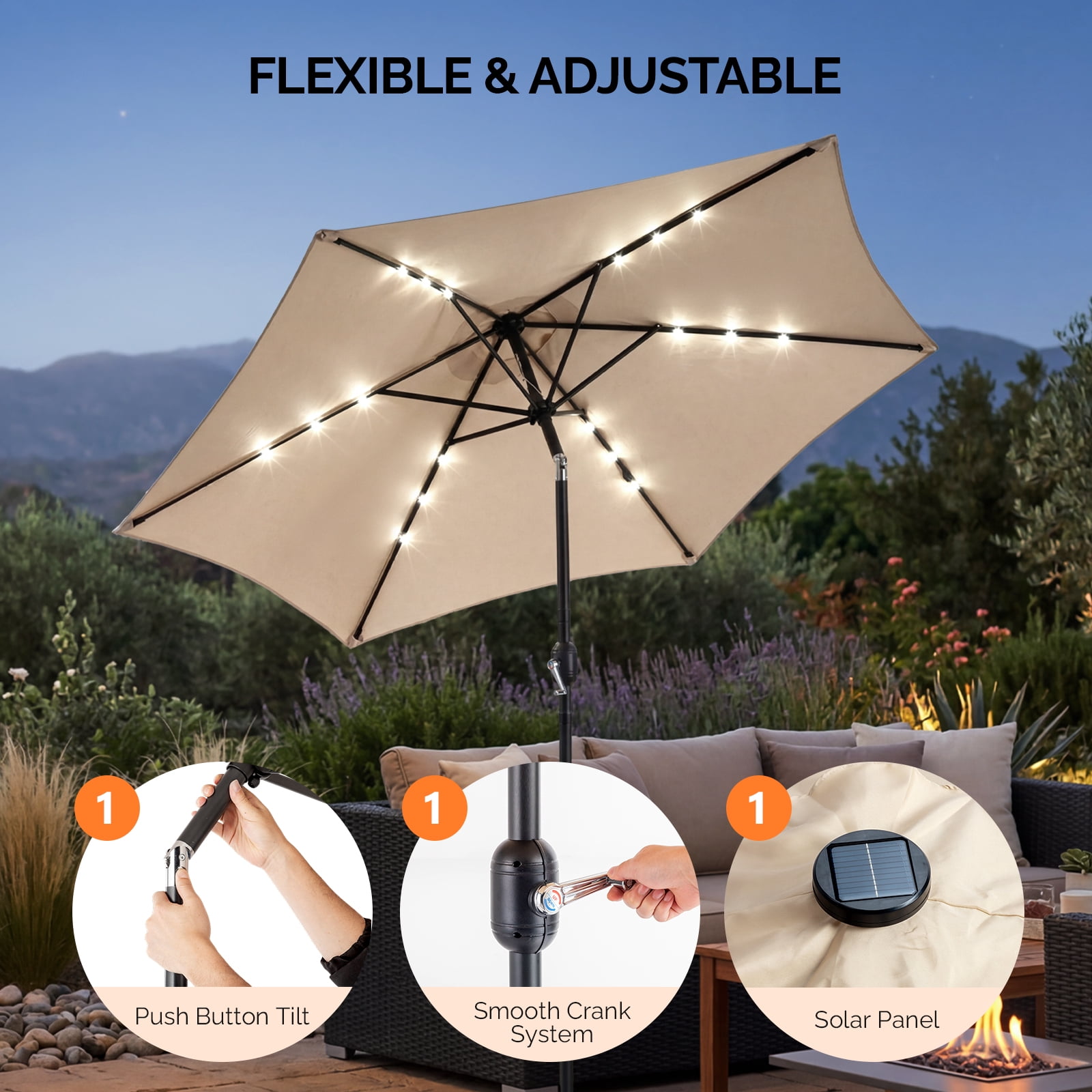 9ft Solar Patio Umbrella with LED Lights, UPF 50+ Waterproof Canopy, 6 Iron Ribs, Push Button Tilt & Crank Lift, Beige for Patio Garden Poolside