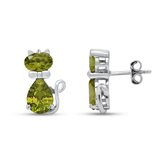 AFFY Pear & Oval Shape Simulated Peridot Cute Animal Kitty Cat Stud Earrings In 14k White Gold Over Sterling Silver