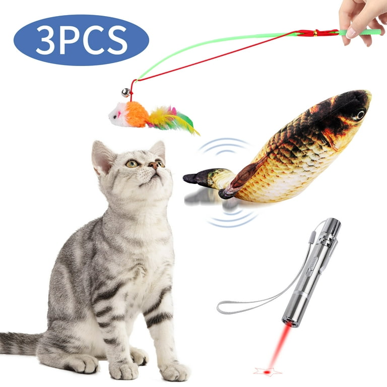 Figoal 3in1 Cat Toy Set for Teasing Cats, Electric Moving Fish Flopping Interactive Wiggle Moving Cat Kicker Fish Toy for Cat Exercise, Red