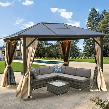 Dextrus 10x12 ft Gazebo Hardtop Outdoor Canopy with Netting and Shaded Curtains, Aluminum Frame Polycarbonate Hardtop Garden Tent for Patio, Backyard, Deck and Lawns (10x12 ft)
