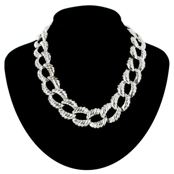 Cable Link Collar Necklace Silver Tone Ribbed Chunky Chain 18" Ladies Adult Women