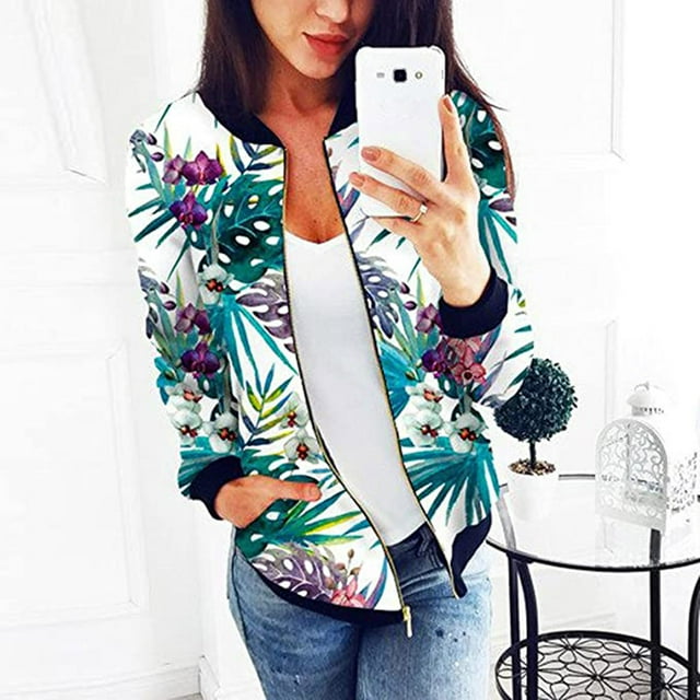 IROINID Veste Courte de Loisirs pour Femmes, Imprimés Graphiques, Blouson à Manches Longues, Vert
