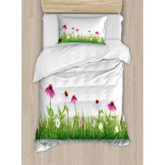 Flower Duvet Cover Set Twin Size, Coneflower by the Lake Water Sea Fall Season Hand Drawn Horizontal Hand Drawn Print, Decorative 2 Piece Bedding Set with 1 Pillow Sham, Multicolor, by Ambesonne