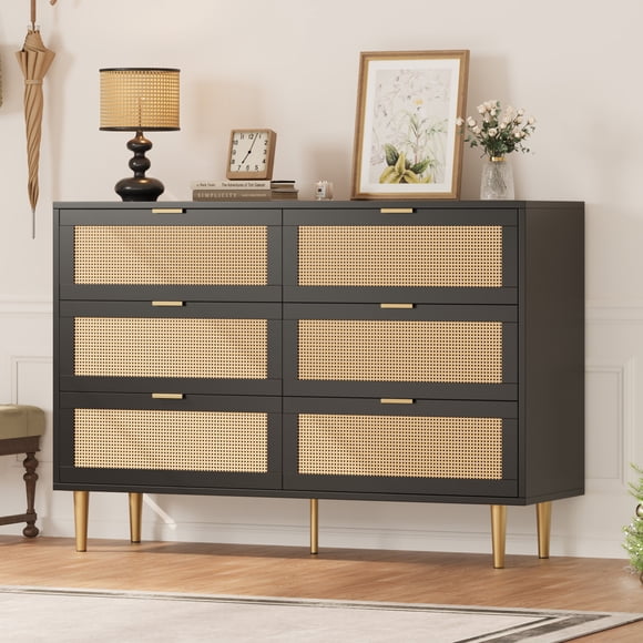 Modern Boho 6 Drawer Rattan Dresser for Bedroom - Wide Chest with Gold Metal Legs, Spacious Storage Cabinet Entryway Organizer, Nursery or Living Room, Black Color