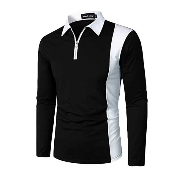 VSSSJ Men's Long Sleeve Shirts Big and Tall Color Block Patchwork Zipper Turndown Collar Shirt Blouse Fashion Versatile Cozy Lounge T-Shirts Black XL