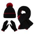 thumbnail image 1 of Conjunto de 3 gorros, bufandas y guantes para niños, color sólido, textura retorcida, bola de peluche decorativa, gorro, bufanda larga y guantes, accesorios elásticos de invierno., 1 of 8