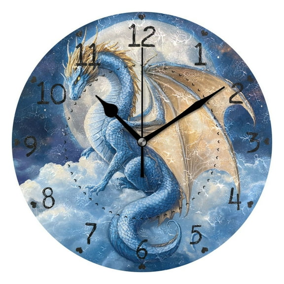 Dragon with Wing on Cloud Moon Round Wall Clock Silent Analog Battery Operated Black Pointer Home Decor 9.84" Diameter