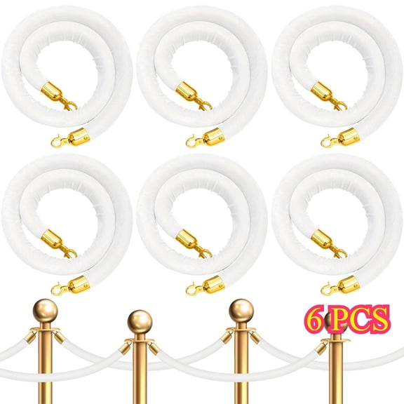 6pcs White Velvet Stanchion Ropes with Golden Hooks, 5ft Premium Velvet Crowd Control Barrier Safety Velvet Rope for Weddings, Parties, Events, Elegant Venue Decorations, Best Gift for Event Planners