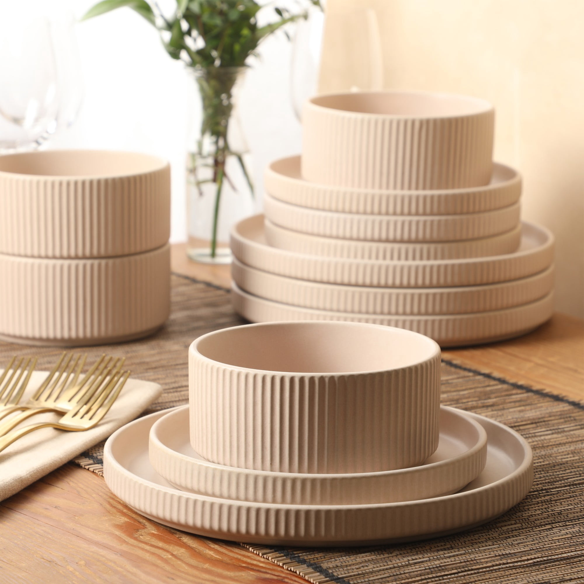 Gibson Elite Townscape Plates and Bowls 12 Piece Dinnerware Set - Cream