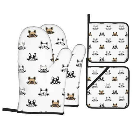 

Oven Mitts and Pot Holders 4 pcs Set Cute Funny French Bulldog_A Heat Resistant Pot Holders Oven Mitts for kitchen Non-Slip Hanging Loop Oven Glove Potholders for Baking Cooking