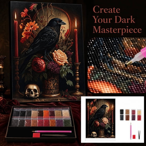 Gothic Halloween Diamond Art Square Drill Kit with Skeleton & Floral Canvas, Spooky Diamond Painting for Adults Home Wall Decor, 12X16 Inch Diamond Art Canvas Kit with Candle