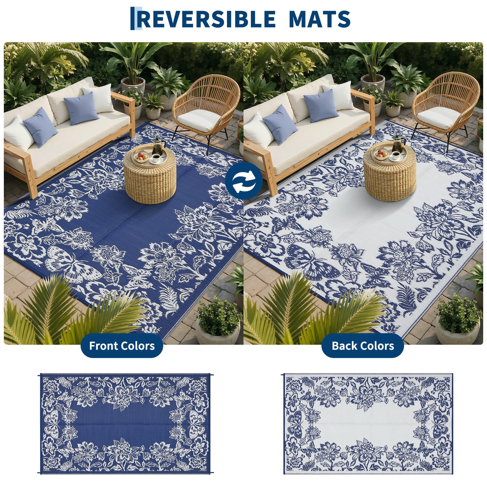 Nanan 9x12 Ft Outdoor Patio Rug, Plastic Straw Rug, Modern Waterproof Reversible Outdoor Rugs for Camping Picnic Backyard Balcony, Dark Blue
