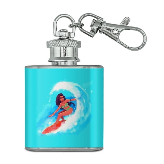 Surfer Girl Surfing On Wave With Surfboard Stainless Steel 1oz Mini Flask Key Chain