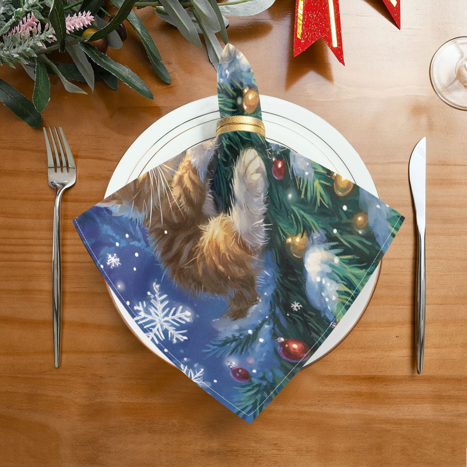 JSTEL Christmas Tree Cat Cloth Napkins Set of 6, 20x20 Inch Washable and Reusable Napkin for Decoupage Dinner Party Everyday Use