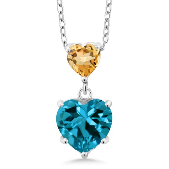 Gem Stone King 925 Sterling Silver London Blue Topaz and Yellow Citrine Double Heart Pendant Necklace for Women (2.61 Cttw, Heart 8MM and 5MM, with 18 inch Silver Chain)