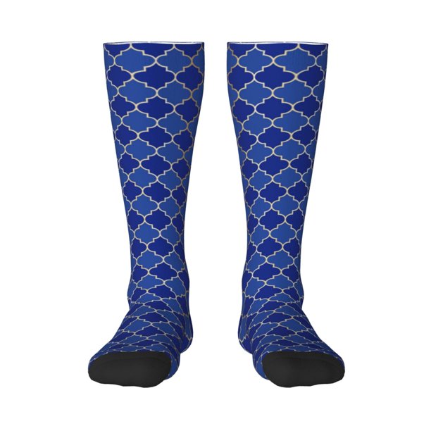 Fotbe Blue Gold Grid Lantern Shapes Calcetas Divertidas Estampadas para Hombre y Mujer, Calcetas de Algodón hasta la Rodilla para Caminar, Correr, Enfermería y Embarazo