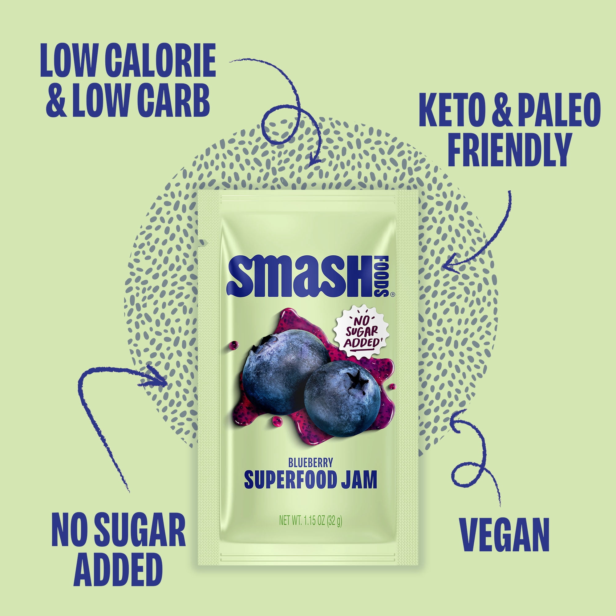 Smash Foods Blueberry Jam Packets, No Sugar Added, Keto, Vegan, 10 Count