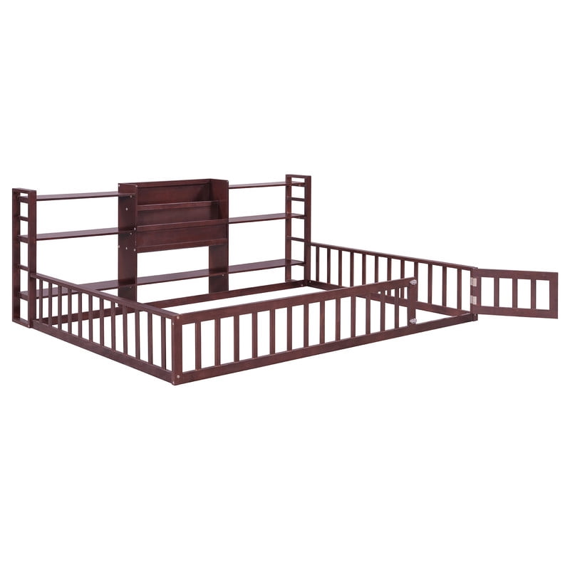 Full Size Floor Bed Platform Bed with Side Bookcase and 3-Tier Storage Shelves, Solid Wood Low Profile Montessori Floor Bed with Safety Guardrails for Kids, Boys, Girls