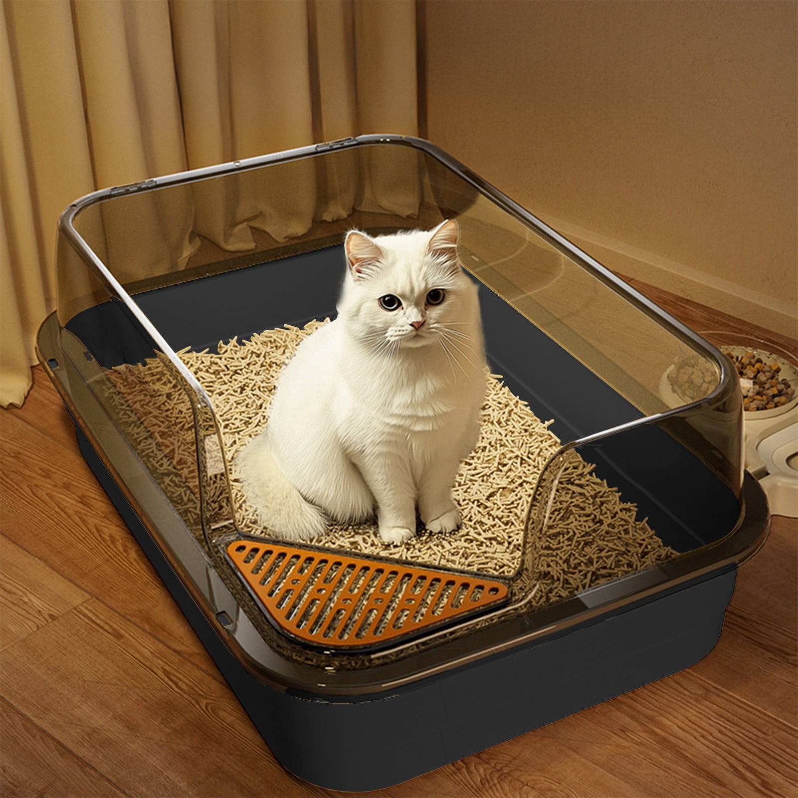 kcavykas Semi-Enclosed Cat Litter Box with Shovel, High-Sided Splash Proof Design, Black/Gray/Yellow/Green/White Plastic, 17.7x11.8x6.6in, Spacious, Easy Clean, 1 Set