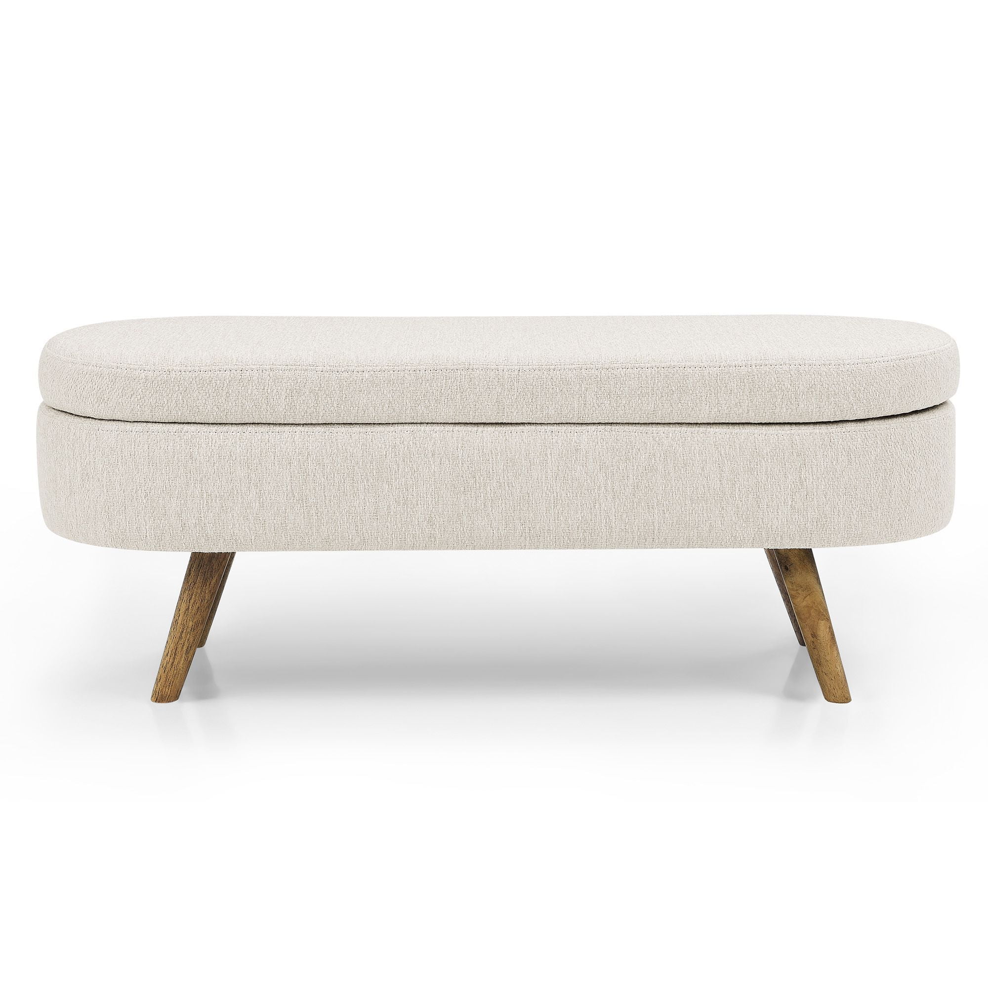 DEALTOPS 3D Linen Fabric Ottoman, Oval Storage Bench with Storage Space and Rubber Wood Legs, Beige