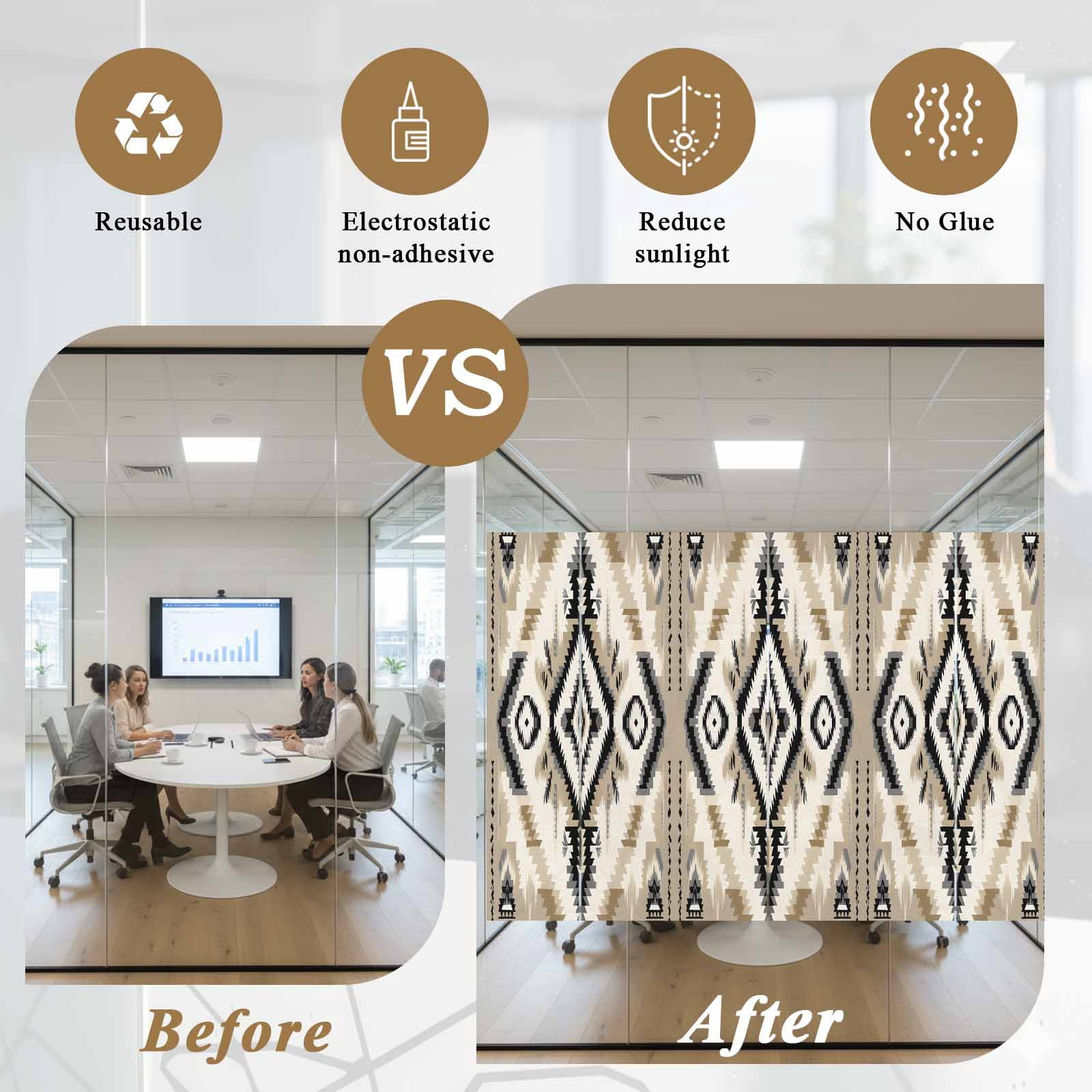 Boho Black Brown Window Privacy Film, Southwestern Geometric Ethnic Retro Static Cling UV Sun Blocking Heat Control Window Tint Day and Night, Non-Adhesive One Way Windows Privacy Cover 17.7''x78.7''