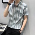 thumbnail image 3 of Camisa y blusa a rayas para hombre, media manga, para hombre, de algodón fresco, con mangas, corte ajustado, ropa estética vintage de verano, talla XXL, 3 of 4