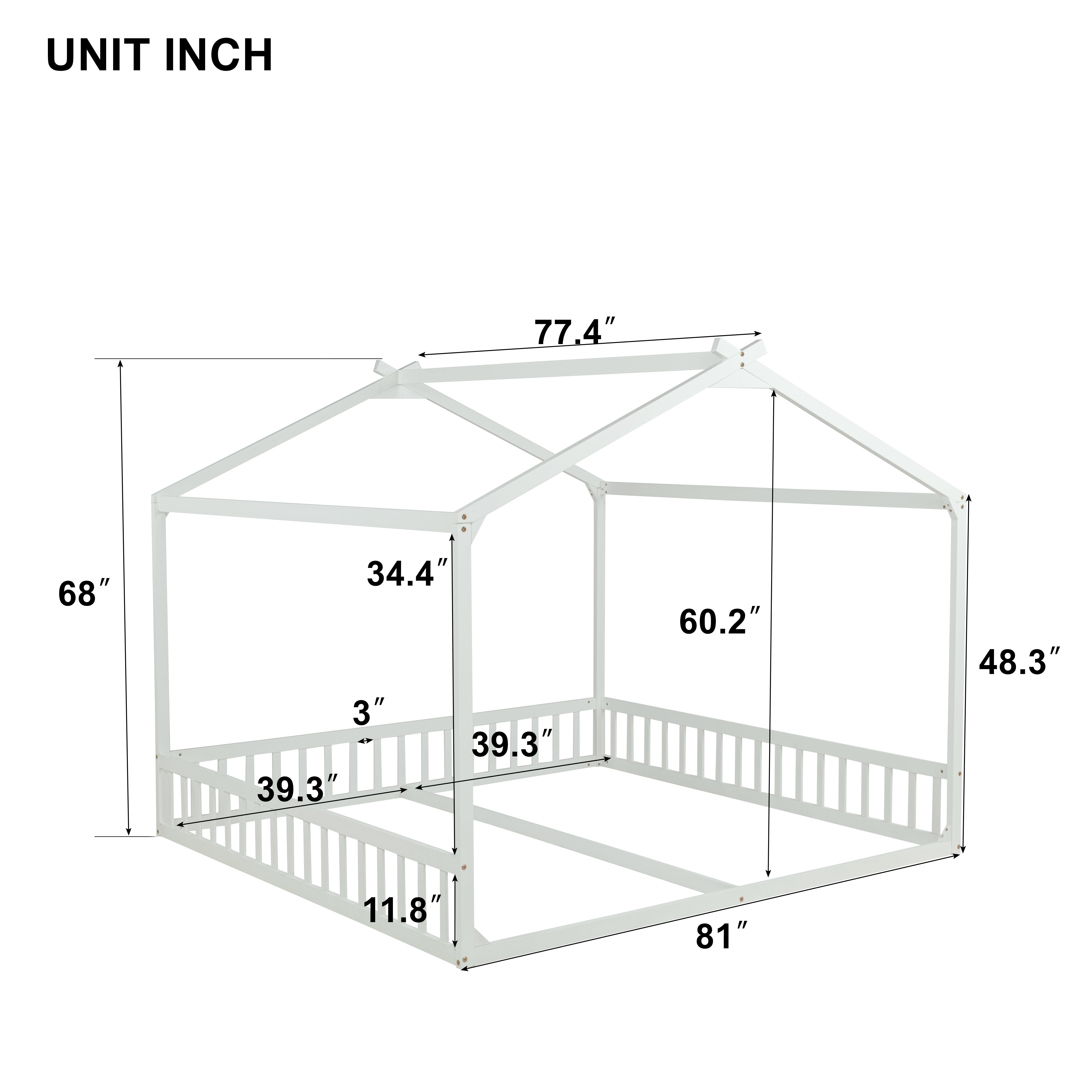 Miniyam Double Twin Floor Bed for Kids, House Bed with Guardrails and Open Entrance, White