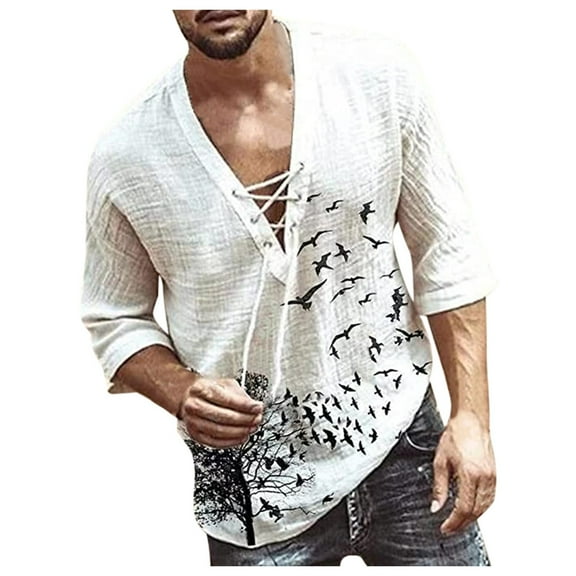 Shirts for Men Vintage Shirt Casual Long Sleeve Oversize Tops Camisa V Neck Boho Style Top
