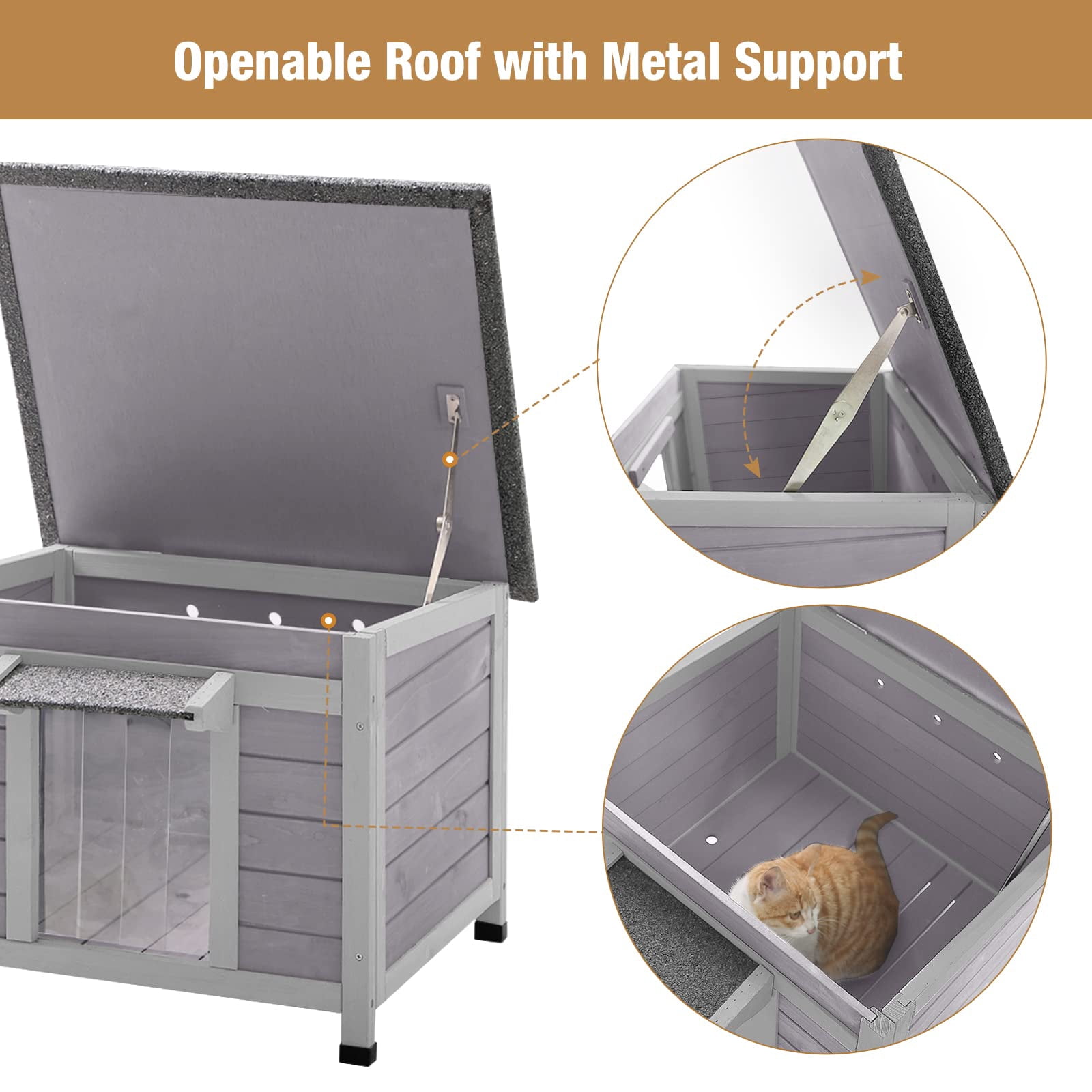 Aivituvin Outdoor Cat House Insulated Cat House Weatherproof Feral Cat Shelter with Hinged Asphalt Roof & Covered Opening, PVC Door Curtain, Raised Floor for Cats
