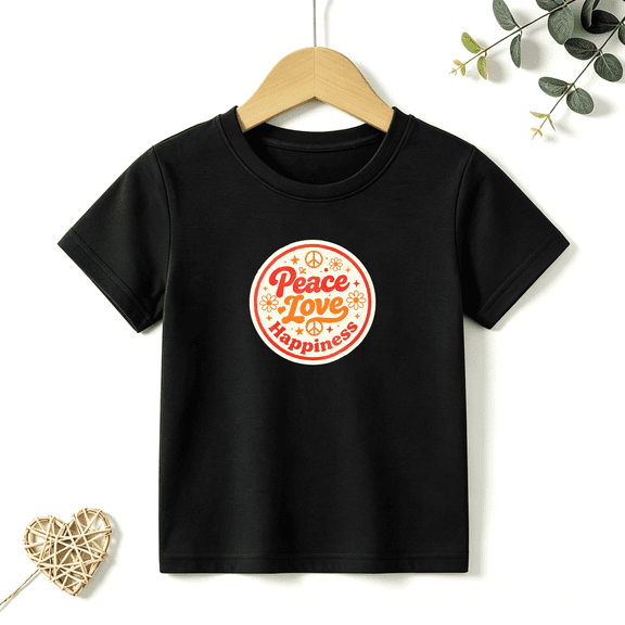 Girls Graphic Tees Peace Love Happiness Kids T Shirt 70s Hippie 100% Cotton Short Sleeve Soft Tops 4-13Y