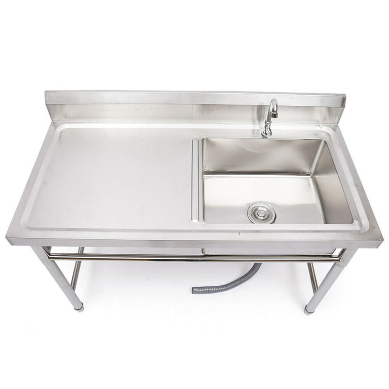 QQXX Commercial Kitchen Sink Single Bowl,Free Standing Stainless Steel Sink  Set with Water Faucet,Utility Outdoor Sink for Washing,Heavy Duty