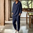 thumbnail image 2 of Mens Linen Sets 2 Piece Outfits Hooded Henley Shirt Matching Lightweight Lounge Pants Linen Sets Beach Fashion Suit, 2 of 5