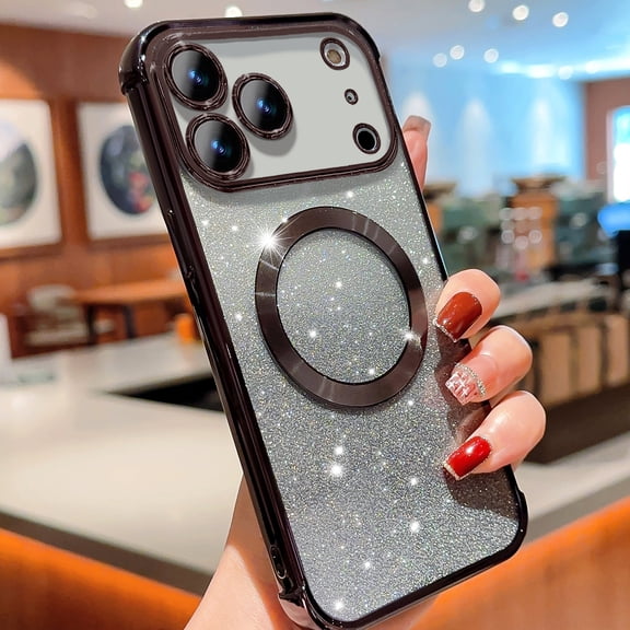 For iPhone 17 Pro Max Magnetic Phone Case,Compatible with MagSafe Charging,Gradient Color Bling Glitter Case for Women Girls,Luxury Plating Clear Soft TPU Shockproof Phone Cover,Black