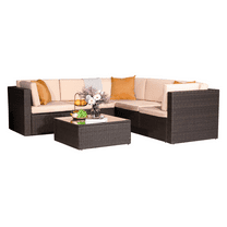 Lacoo 6 Pieces Outdoor Furniture Patio Sectional Sofa Sets All Weather PE Rattan Manual Wicker Conversation Set with Washable Cushions and Glass Table Orange