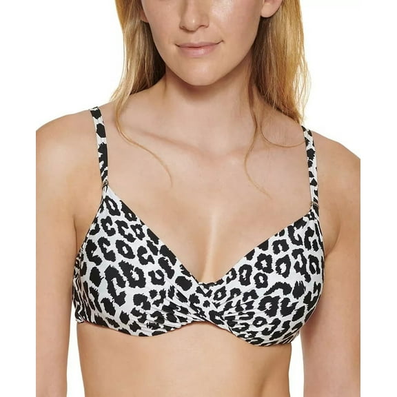 Calvin Klein SOFT WHITE LEOPARD Twist-Front Animal-Print Bikini Top, US X-Small