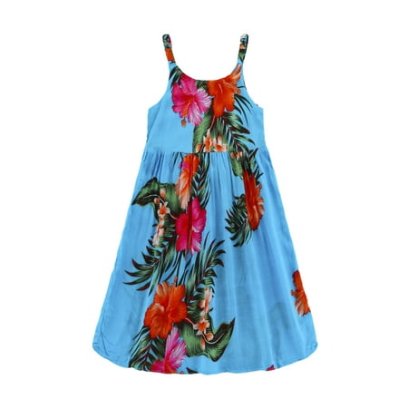 Girl Elastic Strap Hawaiian Luau Dress in Turquoise 1-2