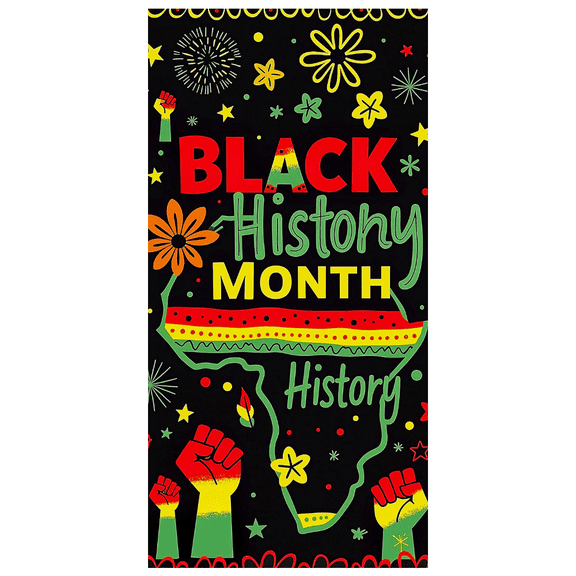 Vibrant Black History Month Banner with African Map Fist Raising Flowers and Fireworks Party Backdrop Decorations for Celebrations Events Community Gatherings Photo Props