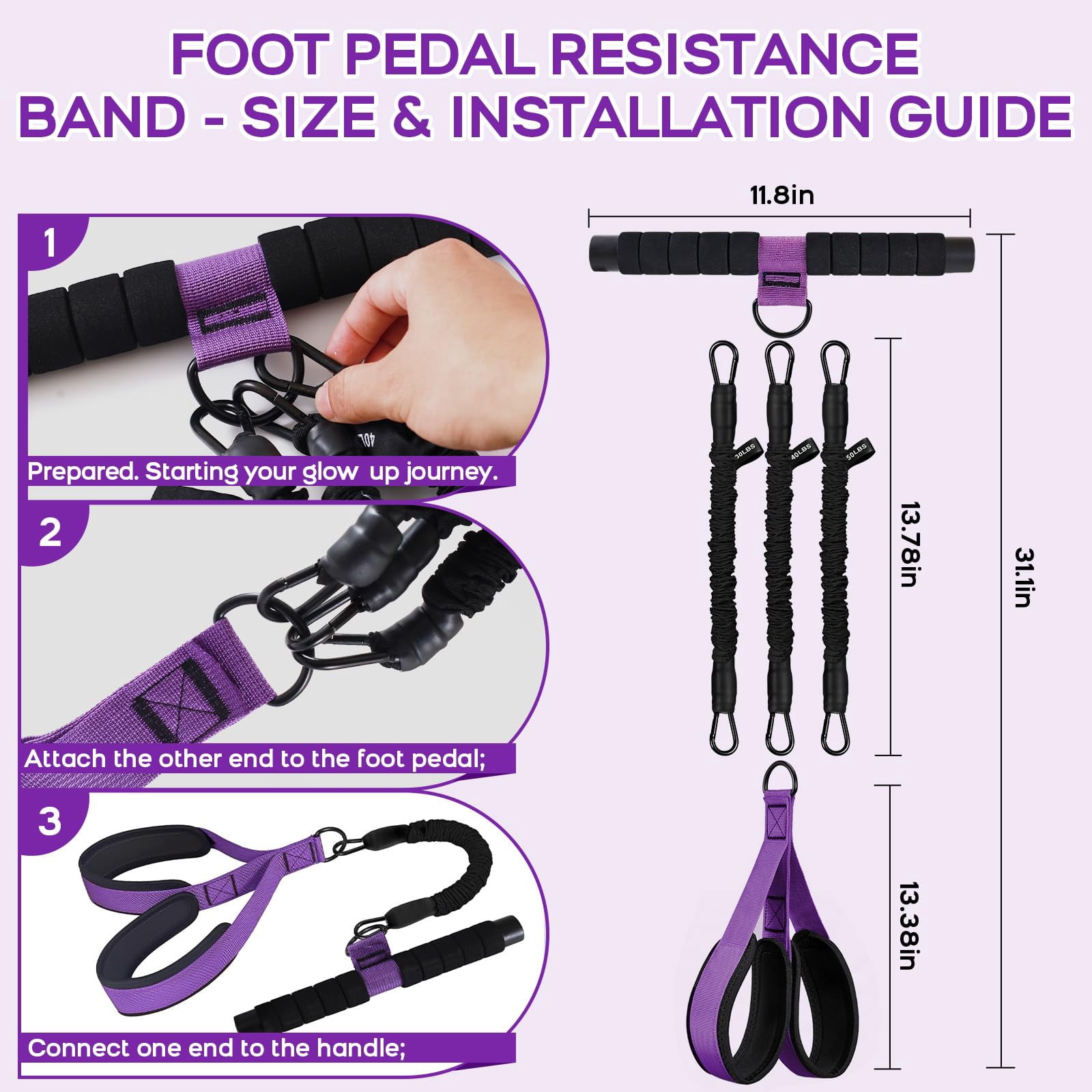 Multifunction Pedal Resistance Band with Handle, 3 Tube Adjustable 30/40/50LB Foot Pedal Puller Resistance Bands with Poster, Extended Length Tension Rope for Men Women Full Body Workout Home Gym