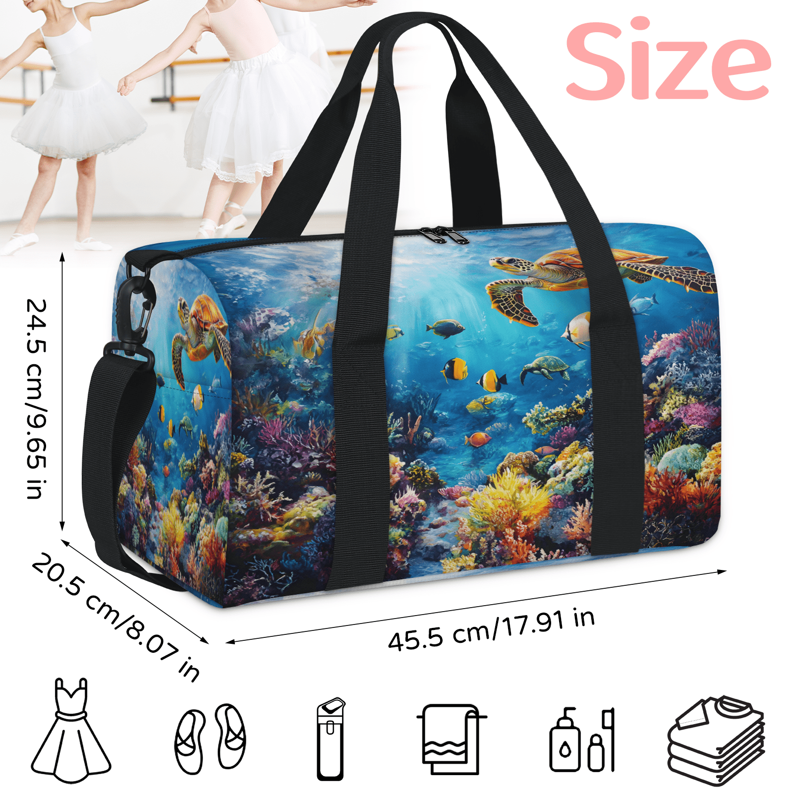 Herdesigns Sea Turtles Gym Bag for Women, Ocean Animal Duffle Bag for Travel Sport, Lightweight Waterproof Carry on Weekender Overnight Dance Yoga Workout Bags