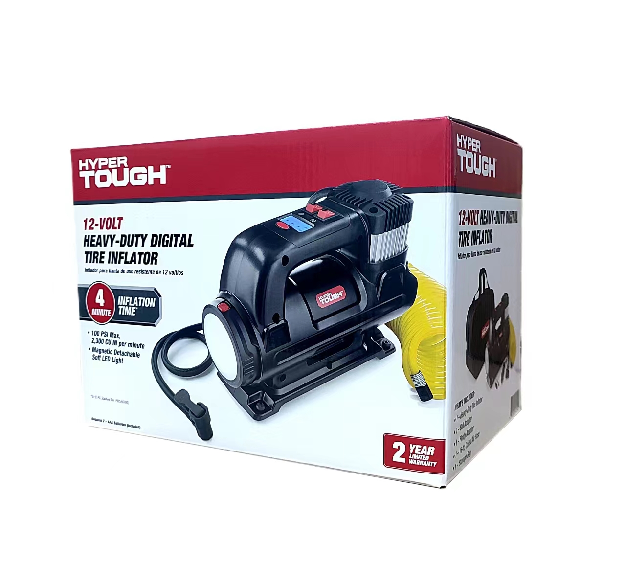 HYPER TOUGH DC 12V HEAVY DUTY DIRECT DRIVE DIGITAL TIRE INFLATOR WITH DETACHABLE LED LIGHT