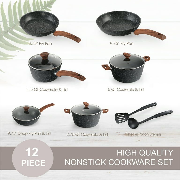 Kitchen Academy Induction Cookware Sets - 12 Piece Cooking Pan Set, Granite  Nonstick Pots and Pans Set