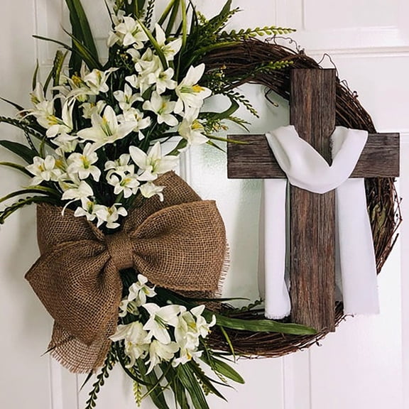 JEWLALO Easter Cross Wreath for Front Door, 18" Artificial Spring Grapevine Wreath with White Lilies & Burlap Bow, Farmhouse Outdoor Greenery Wall Decor for All Seasons (White)